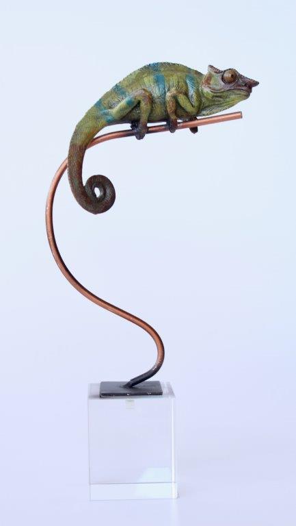 BLUE & GREEN CHAMELEON ON CRYSTAL BASE  34X15X7CM